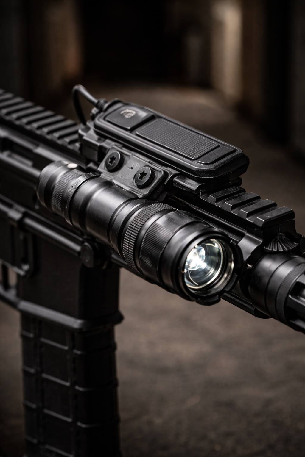 AR-15 flashlight mount at 12 o'clock with pressure pad placement