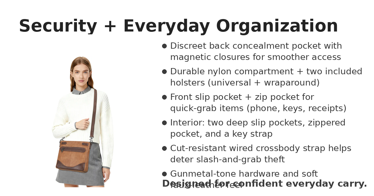 Addison Crossbody security features including cut-resistant strap and magnetic concealment pocket with organized interior storage