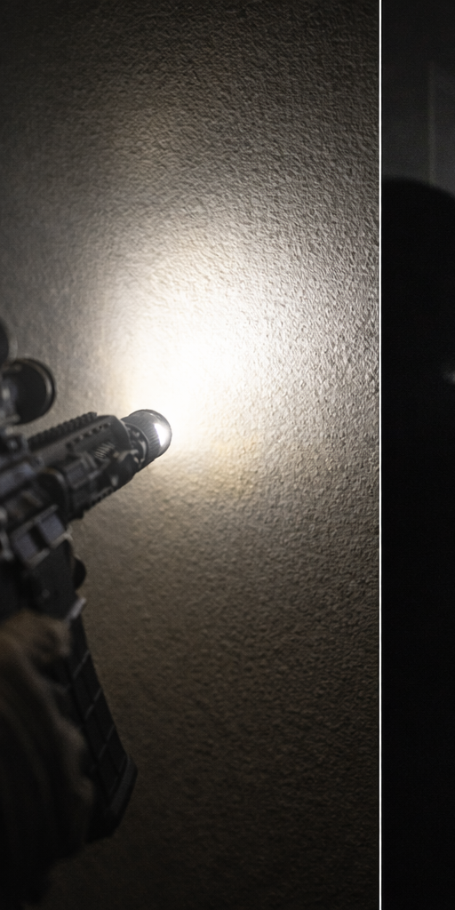 <img src="beam-hotspot-spill-wall.png" alt="AR-15 home defense light beam pattern showing hot spot and spill indoors">