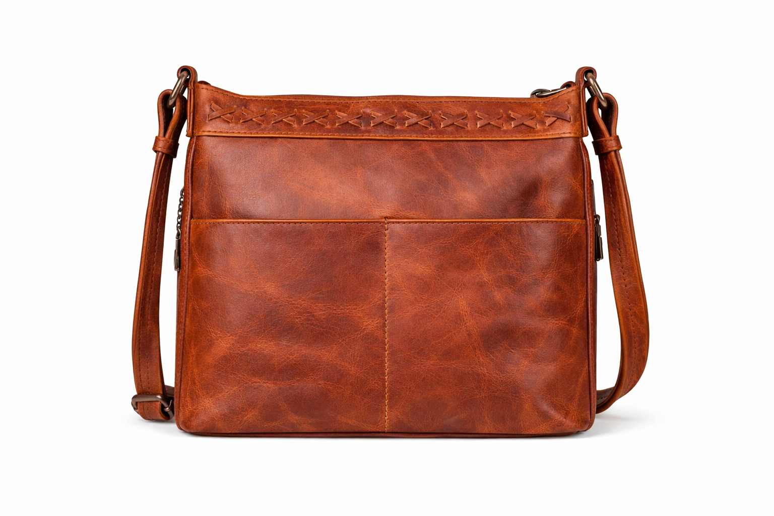 Back view of the Concealed Carry Faith Leather Crossbody by Lady Conceal in Cognac showing two slip pockets