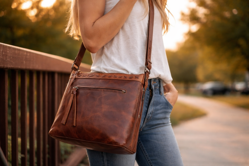 Concealed Carry Faith Leather Crossbody by Lady Conceal worn crossbody in cognac leather