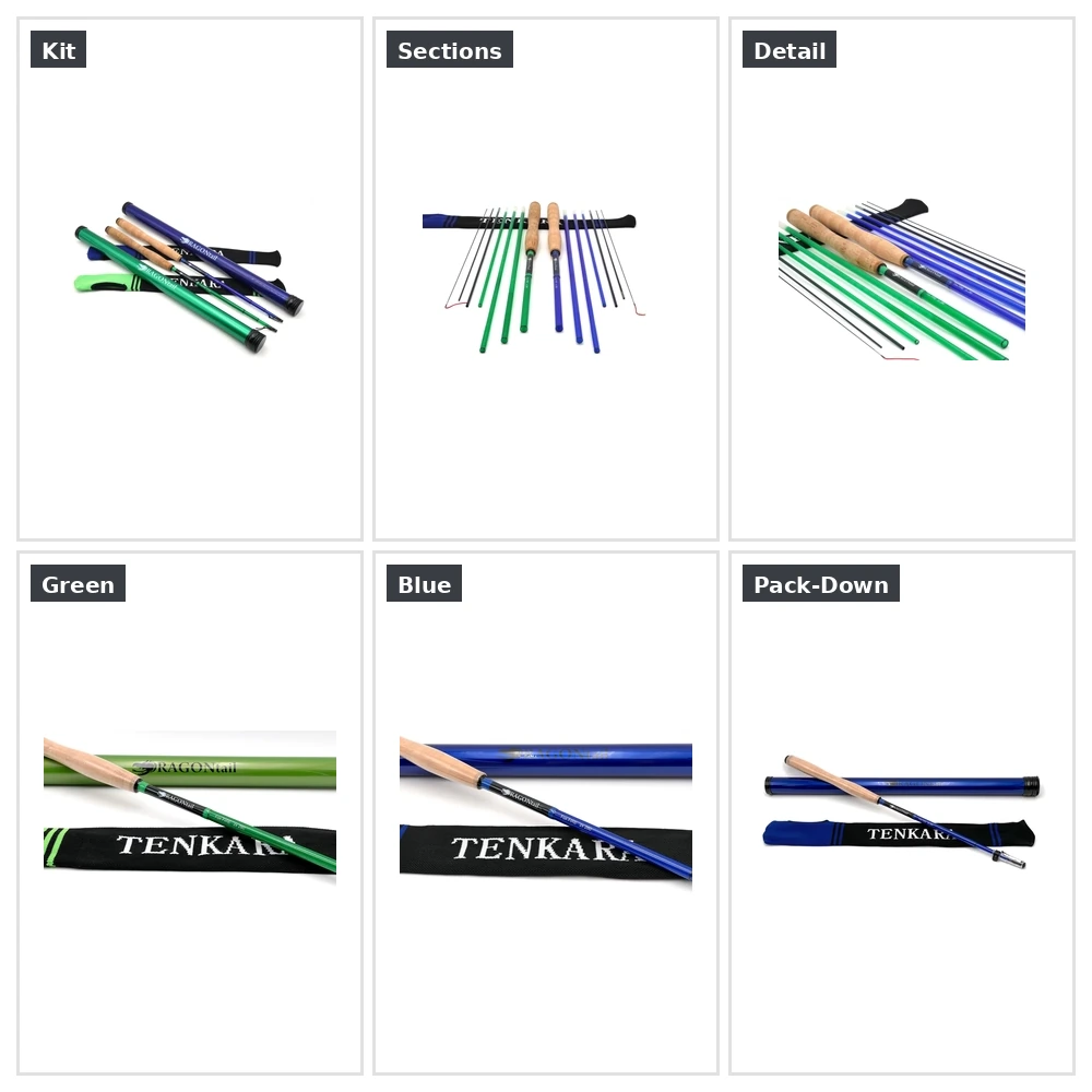Collage of FoxFIRE zx280 zoom tenkara rod showing sections, colorways, and close-up details