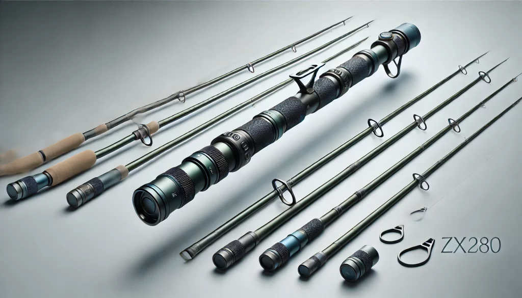 FoxFIRE zx280 zoom tenkara rod feature graphic with three length modes and green or blue options