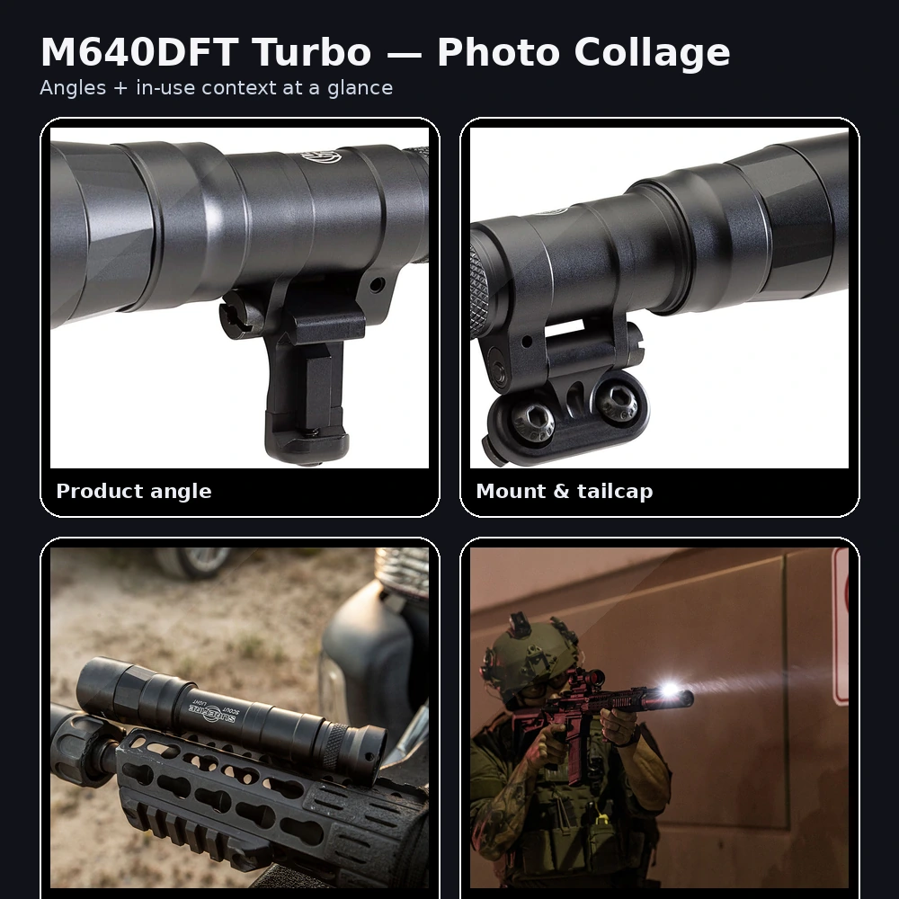 SureFire M640DFT Turbo weapon light collage showing product angles and in-use photos