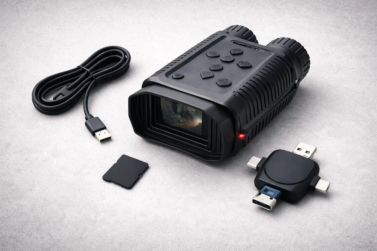 Rexing B1 Mini kit layout with charging cable, microSD card, and multi-connector card reader