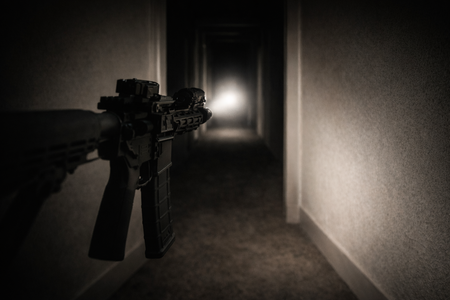 Streamlight ProTac HL-X beam in indoor hallway showing controlled spill for home defense