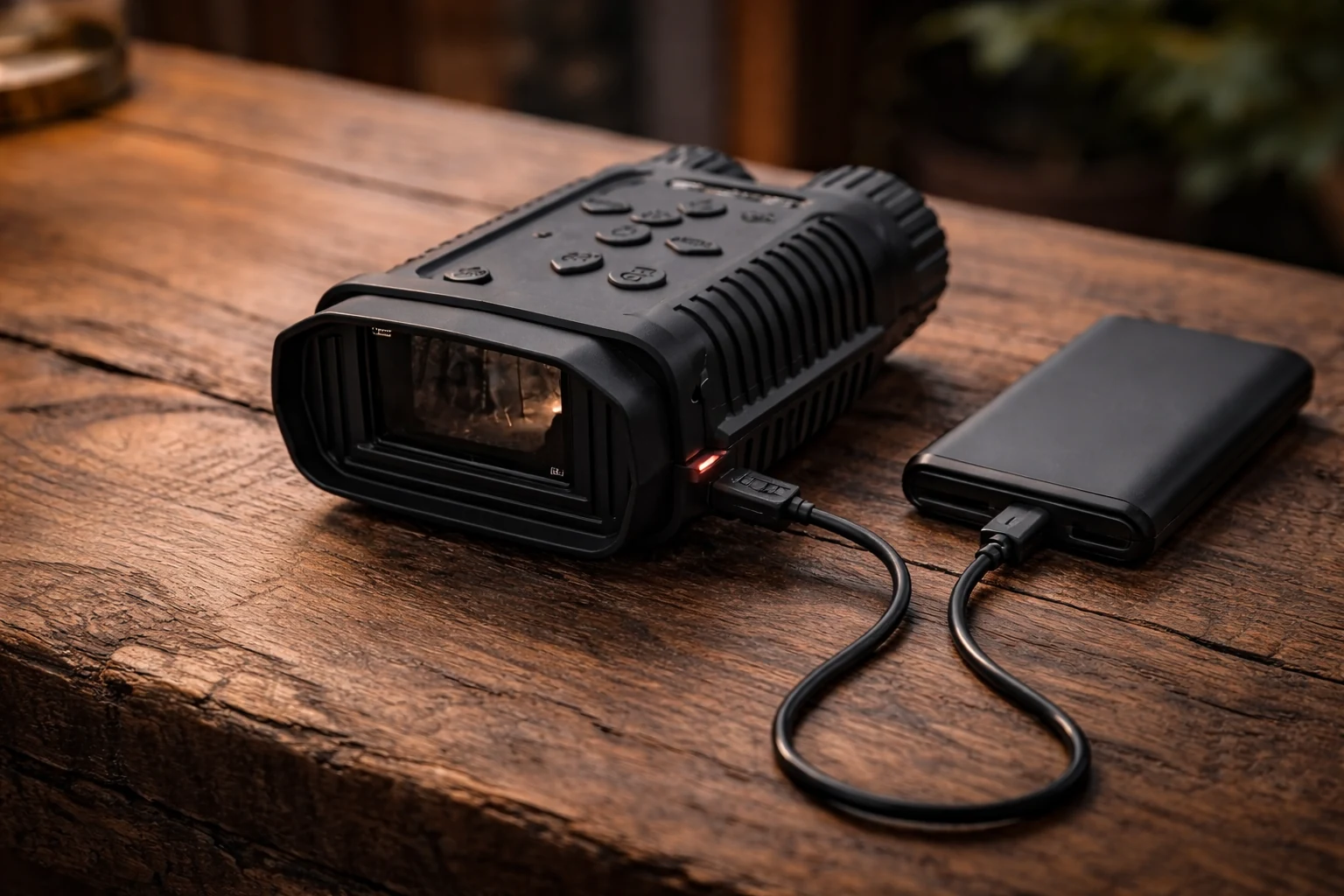 USB-C charging cable connected to a compact night vision binocular on a wooden table