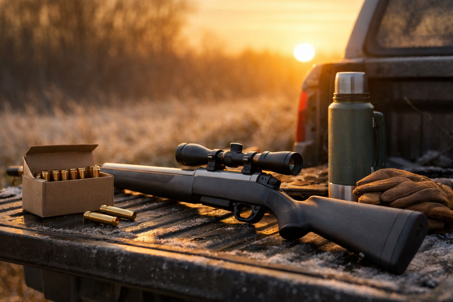 Lightweight straight-wall deer rifle and ammo on tailgate at sunrise, 2026 whitetail gear shift