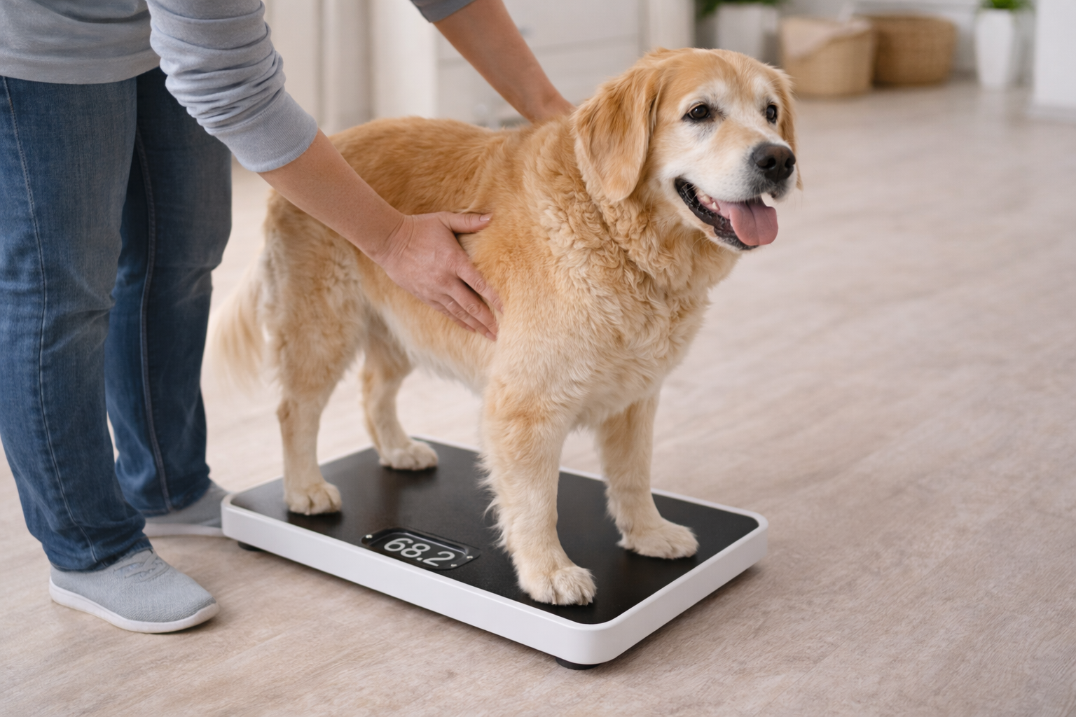 Owner weighing a dog on a scale to determine accurate dosing for joint supplement chews