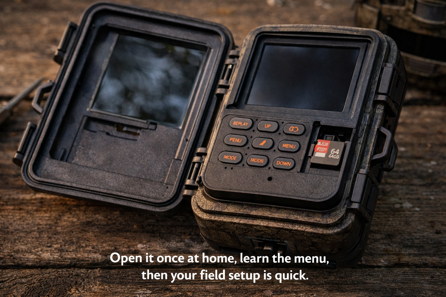 Rexing H2 trail camera open showing control buttons screen and microSD slot