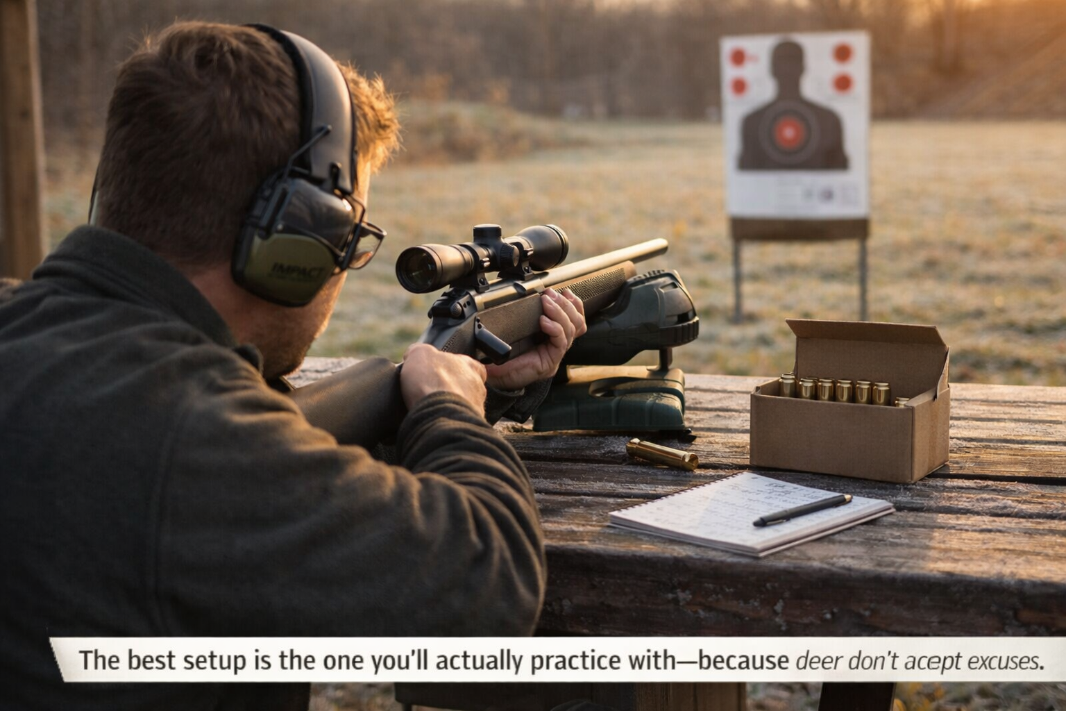 New adult hunter sighting in a lightweight straight-wall deer rifle at a bench