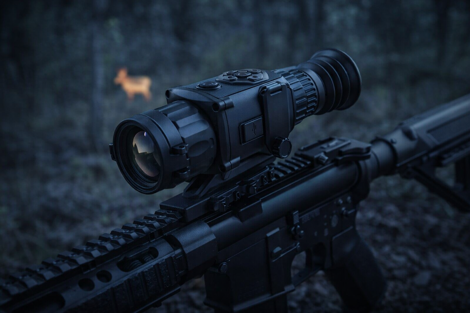 AGM Rattler TS35-640 review — 2–16x 35mm 640 thermal scope mounted on AR rifle at night