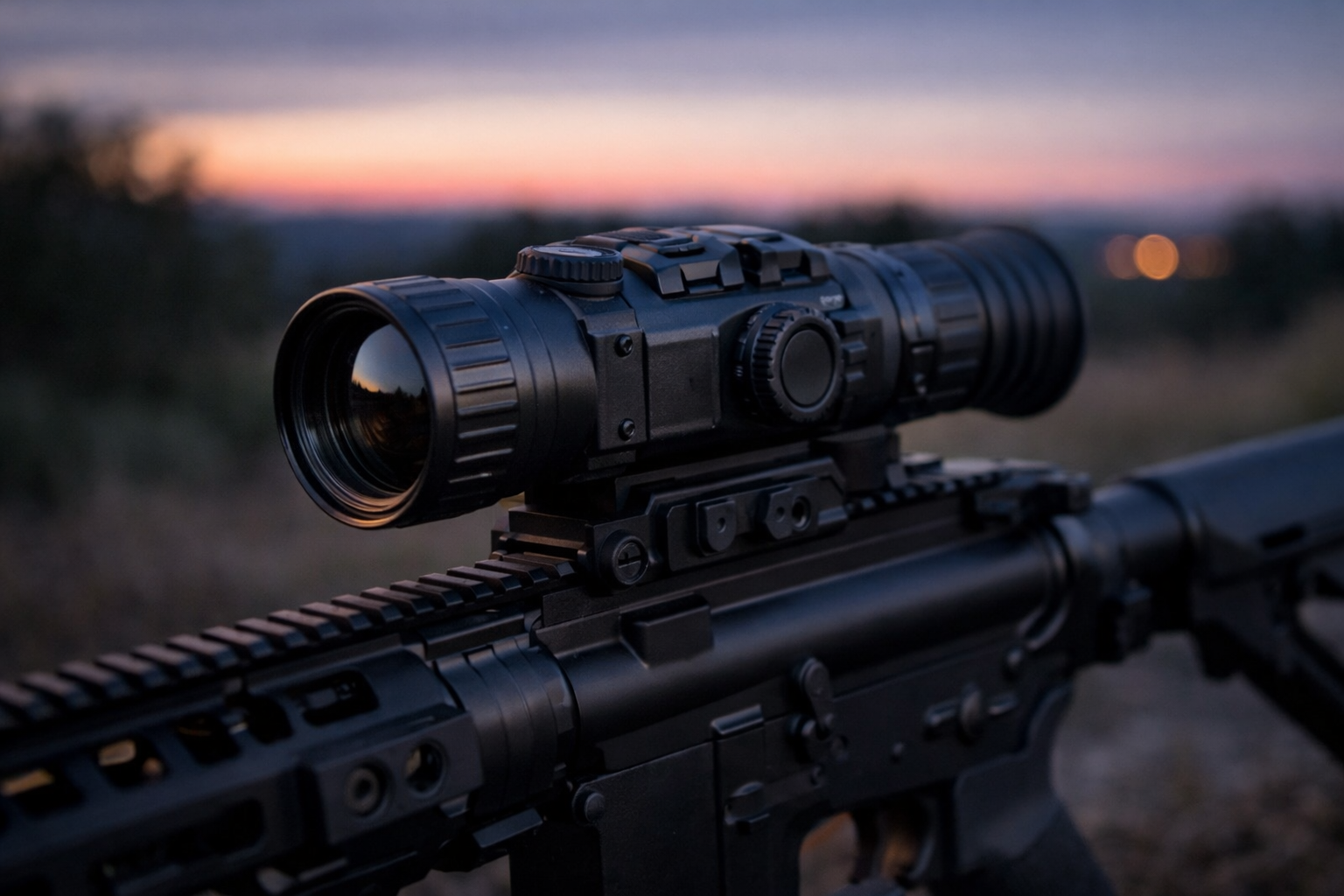 TS35-640 thermal scope mounted on a modern sporting rifle at dusk