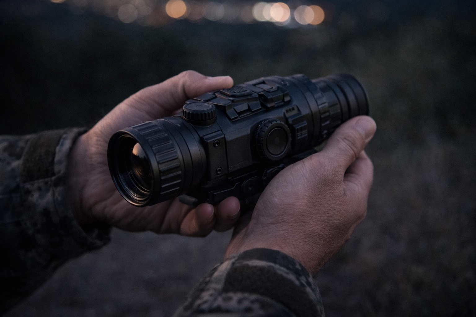 Hands holding TS35-640 thermal optic outdoors at night