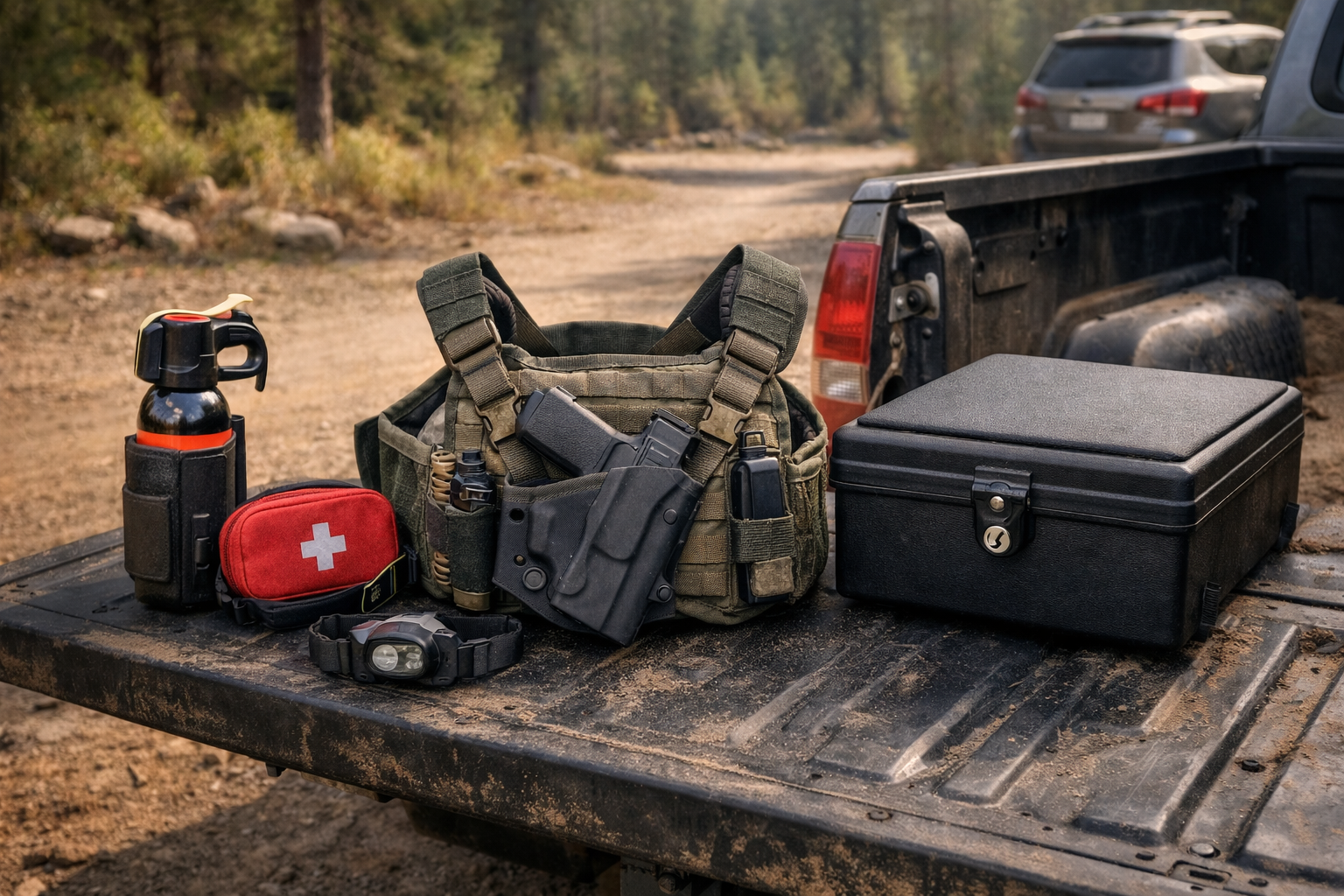Backcountry defensive firearm setup with chest rig, bear spray, and locked vehicle storage in a dusty trailhead setting
