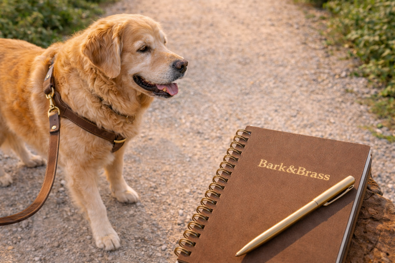 Outdoor lifestyle scene with a dog on leash and a notebook representing practical gear testing and honest pet supplement guidance