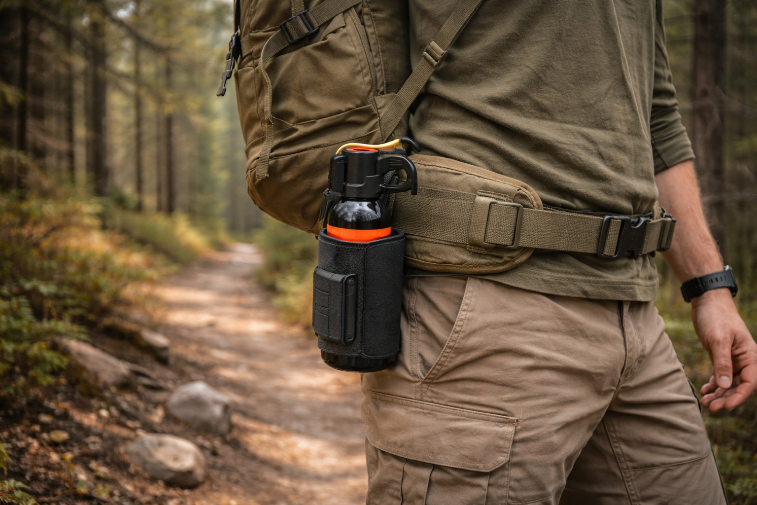 Bear spray carried in an accessible belt holster during a hike in bear country