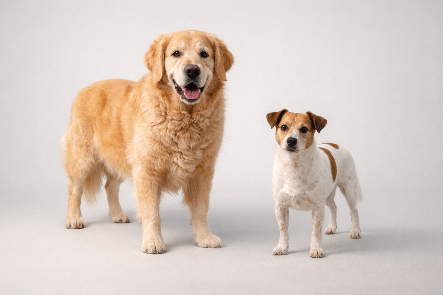 Large senior dog and smaller adult dog side by side representing different joint support needs and dosing tiers