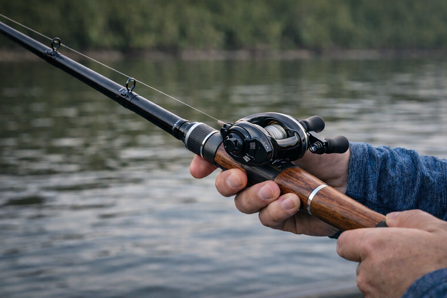 Angler holding a one-piece casting rod showing micro guides and wooden handle