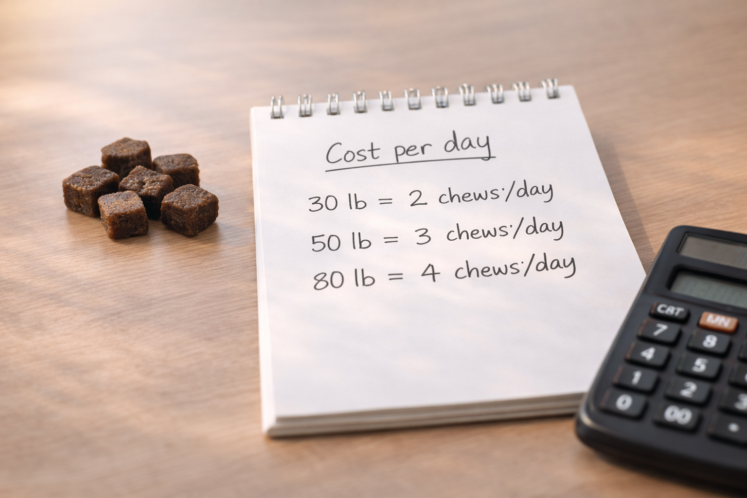 Dog supplement chews next to a simple notepad showing cost per day calculation by dog weight and chew count