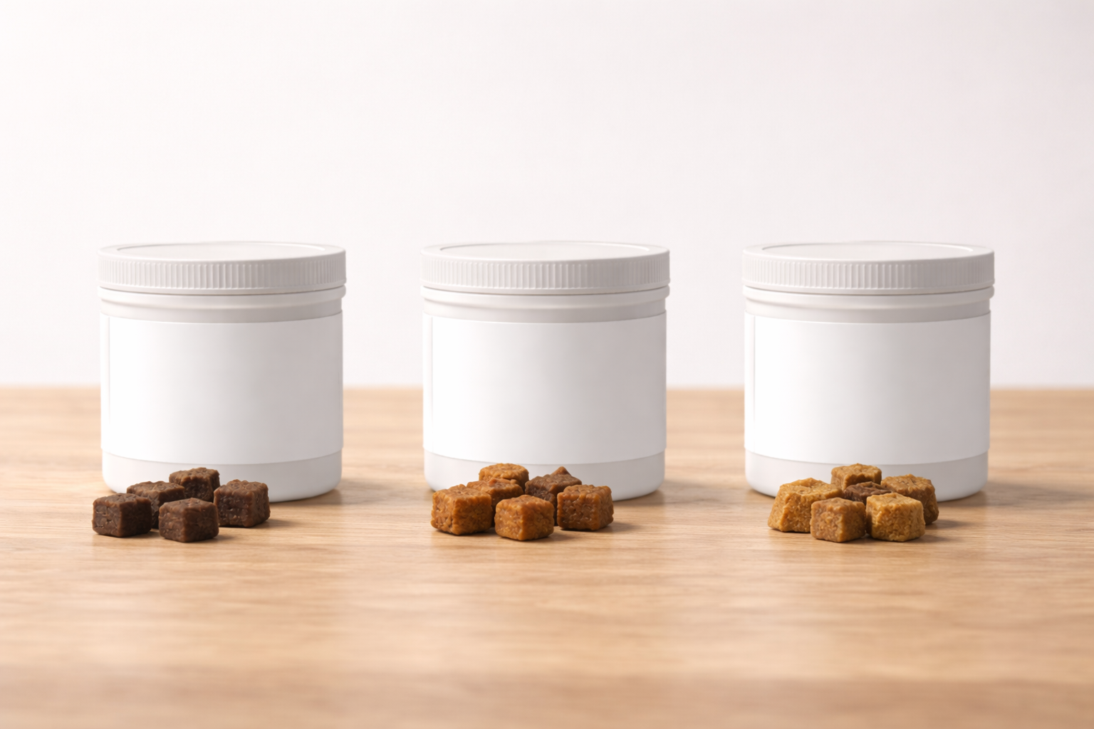 Lineup of three generic dog joint supplement tubs and soft chews on a tabletop for comparison (no readable brand text)