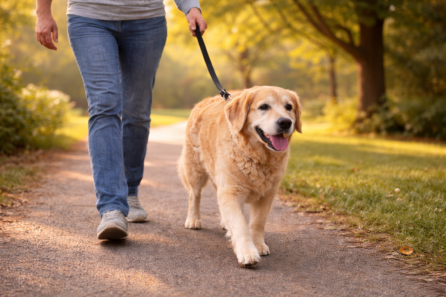 Confident older dog walking comfortably with owner representing improved daily mobility and joint comfort support