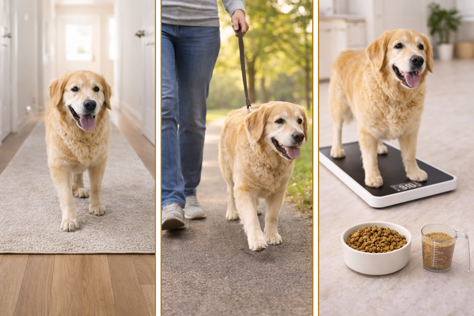 Collage of dog mobility plan basics including traction rugs, controlled leash walking, and healthy weight support for joint comfort