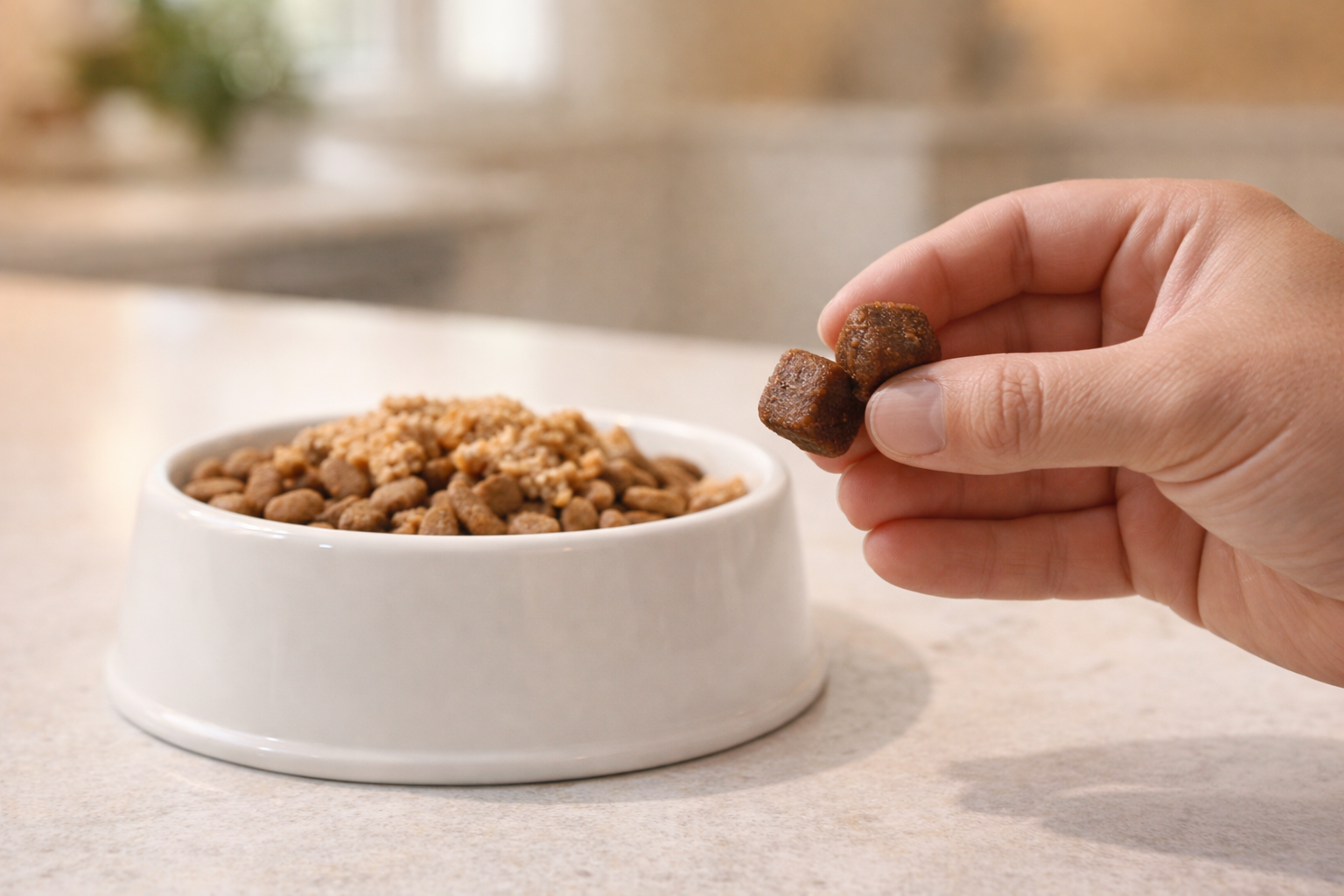 Giving joint soft chews with meals for easier digestion