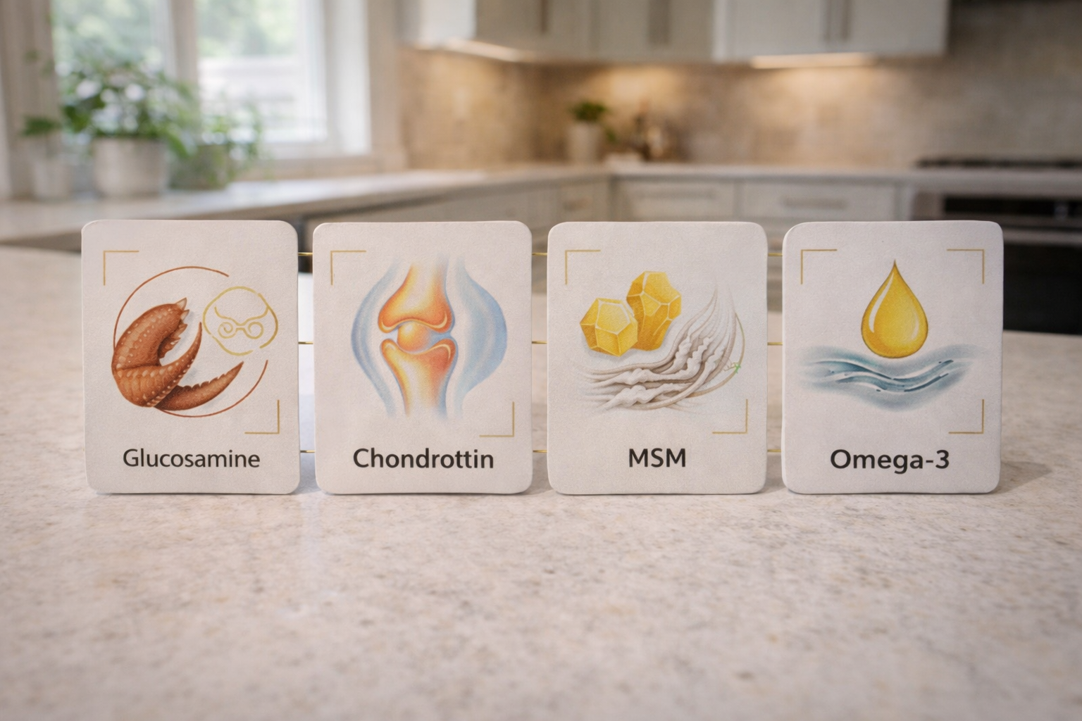 Icons representing glucosamine, chondroitin, MSM, and omega-3 support for dog joint mobility in a clean infographic layout
