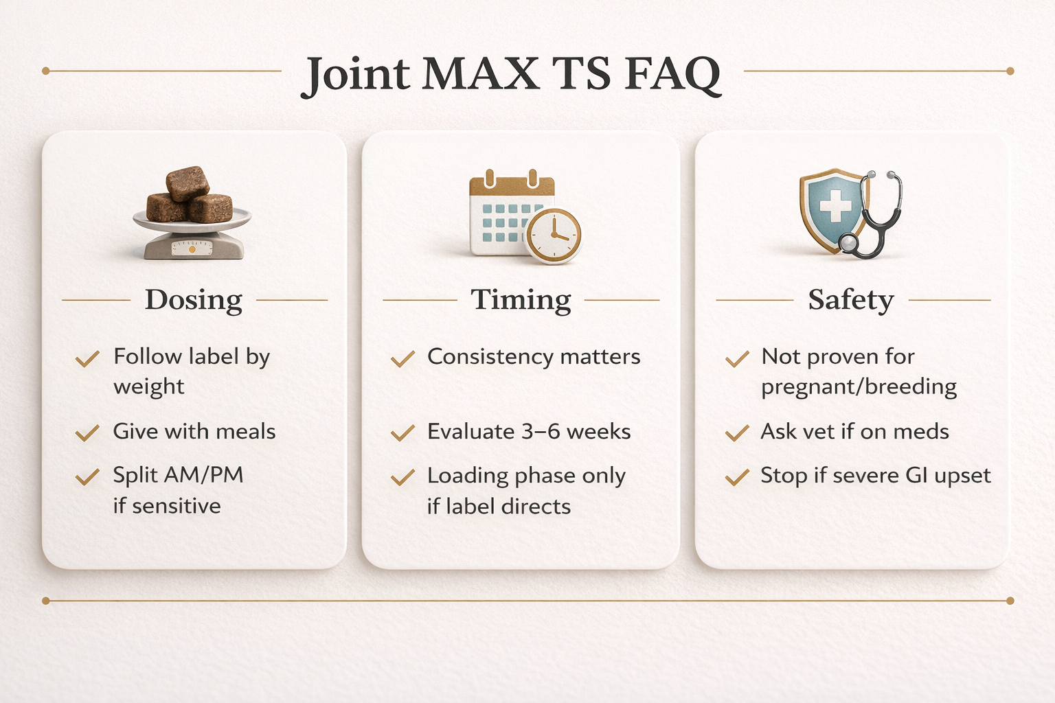 FAQ graphic for Joint MAX Triple Strength soft chews including dosing, timing, and safety notes for dog joint support