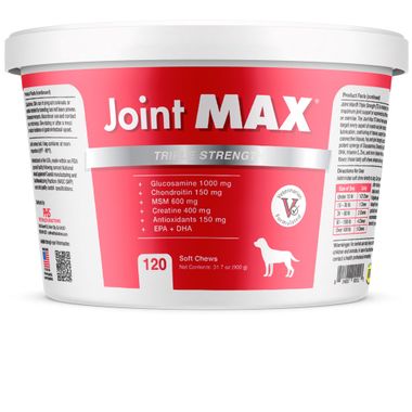 Joint MAX Triple Strength soft chews tub close-up on a clean countertop with chews visible beside it