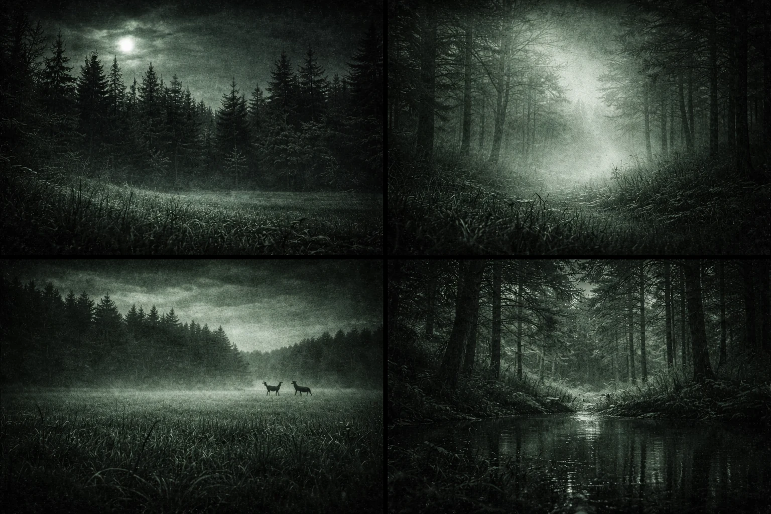 Collage showing night vision results in clear air, fog, open fields, and dense woods