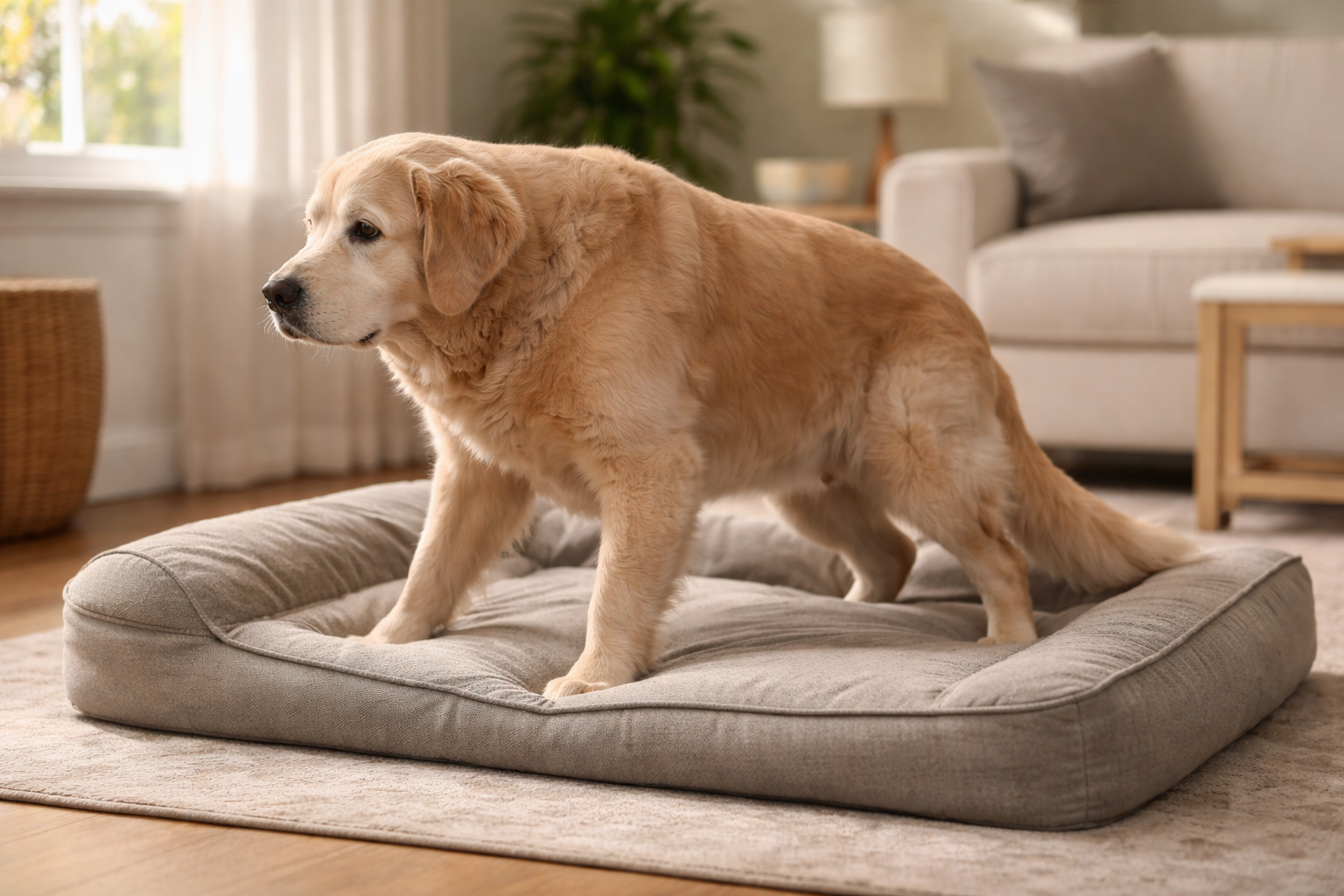 Older dog slowly getting up from a bed showing stiffness common with joint discomfort