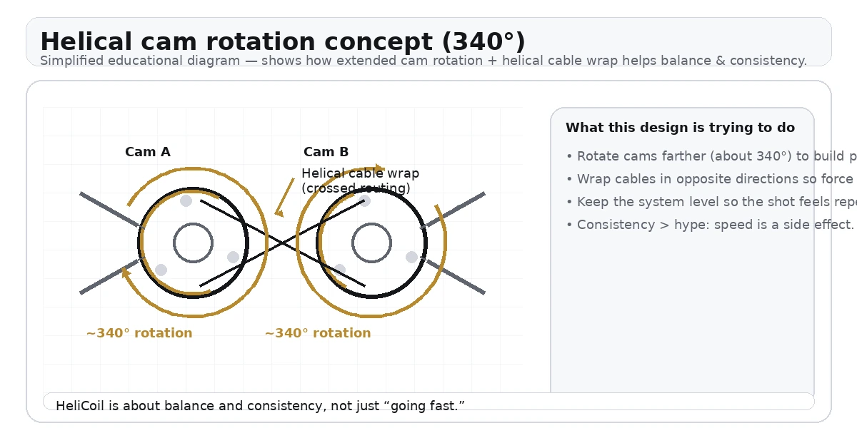 Diagram explaining Ravin HeliCoil technology and 340-degree cam rotation for balanced draw and shot consistency