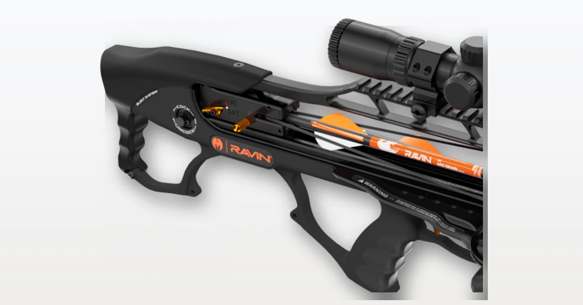 Close-up of Ravin R29X integrated silent cocking system area on the bullpup stock