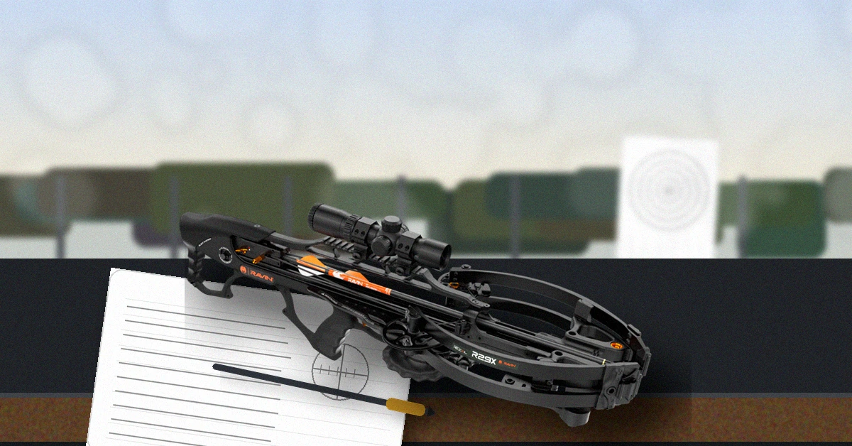 Ravin R29X crossbow on a bench at the range with a target set for sight-in and notes for scope reticles