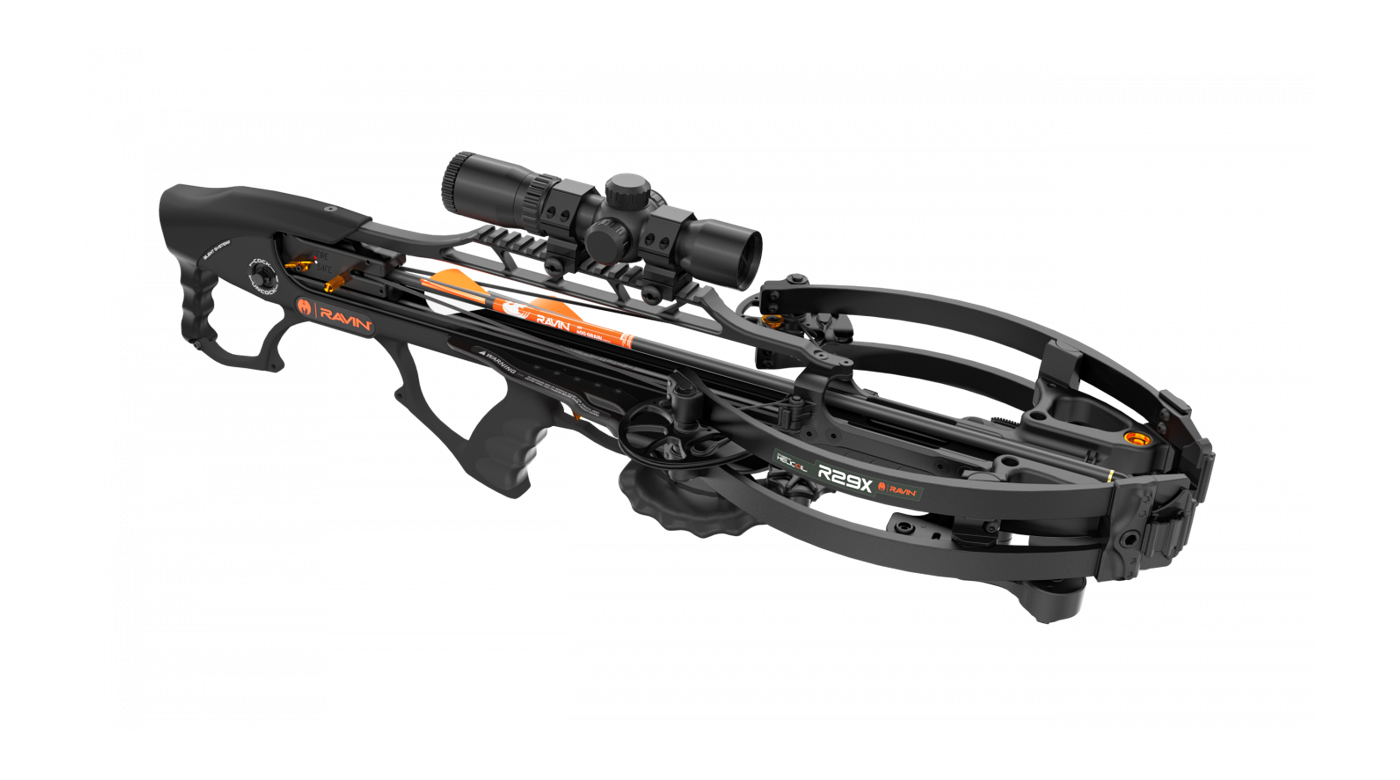 Ravin R29X crossbow in Stealth Black shown in three-quarter view with scope mounted