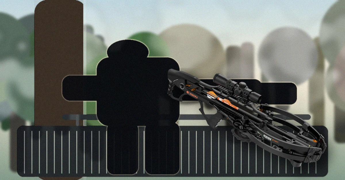 Hunter using a compact bullpup crossbow in a treestand showing controlled movement in tight quarters