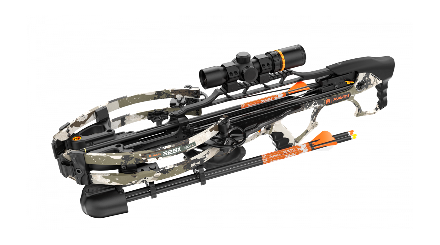 Ravin R29X XK7 camo crossbow three-quarter view showing Kings XK7 pattern on limbs and stock cutouts