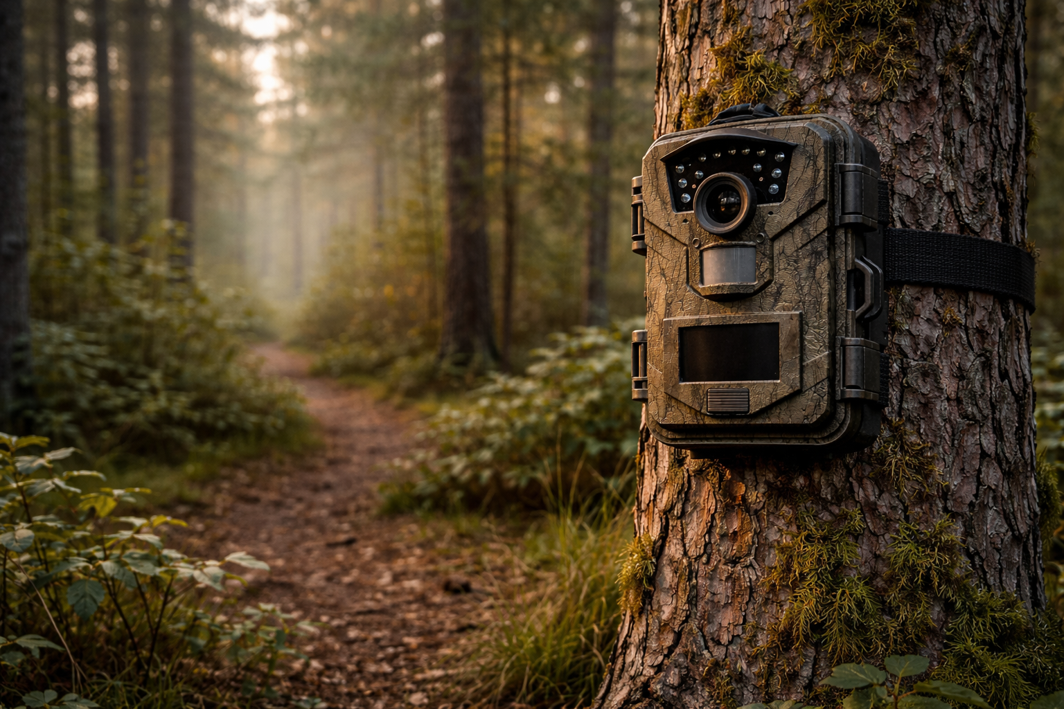 Rexing Woodlens H2 trail camera mounted chest-high on tree facing game trail