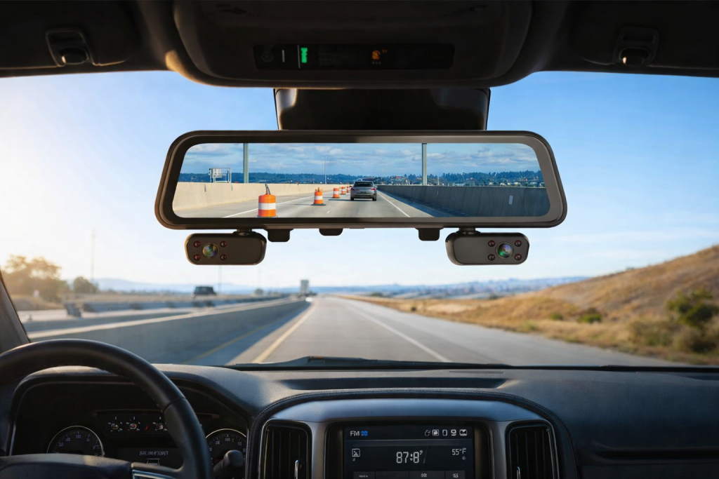 12-inch mirror dash cam installed on windshield showing front and rear split-screen views