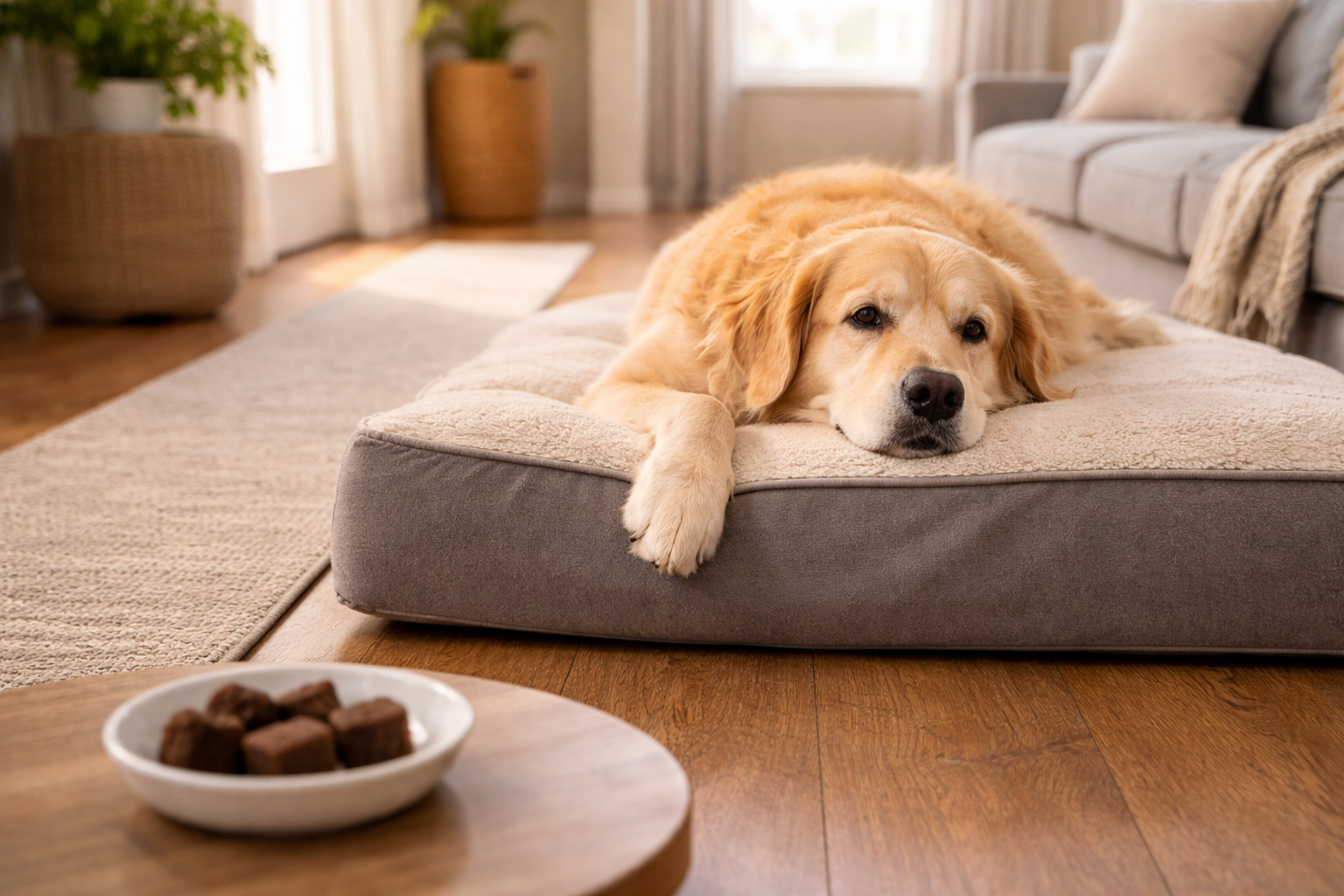 Senior dog resting comfortably at home with mobility support routine including soft chews and traction rugs