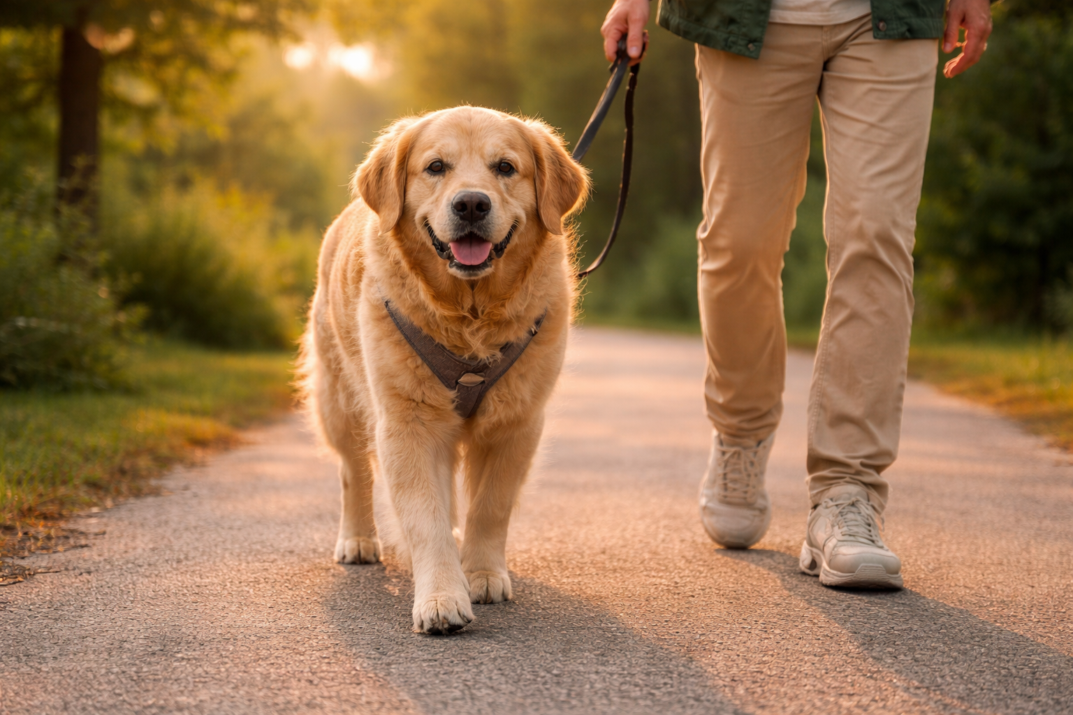 Senior dog walking confidently outdoors representing improved daily mobility and joint comfort support