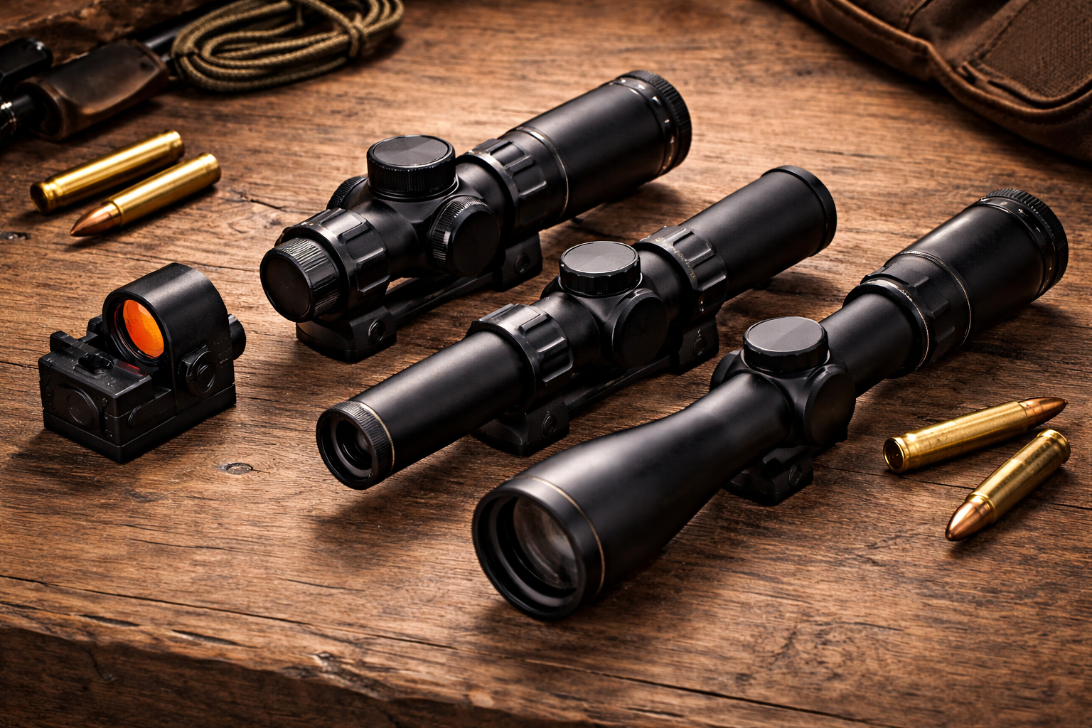 Three optic options on a table: red dot, LPVO, and 2-7x hunting scope for straight-wall deer rifles
