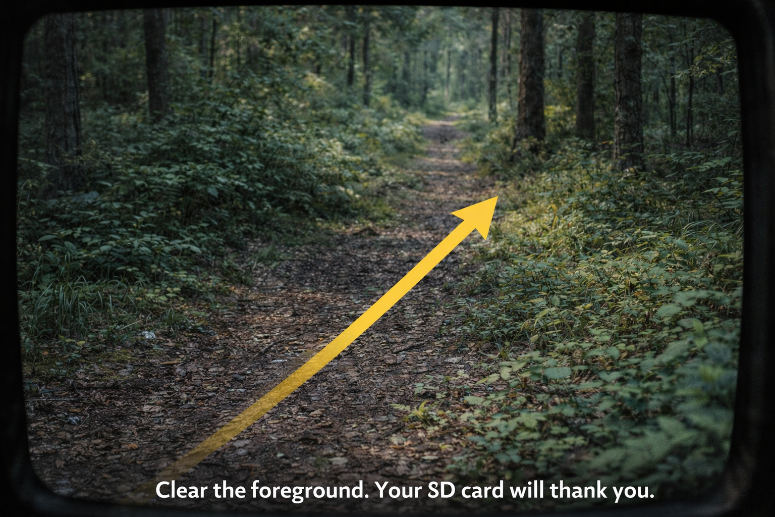 Trail camera view showing cleared foreground and angled aim down game trail