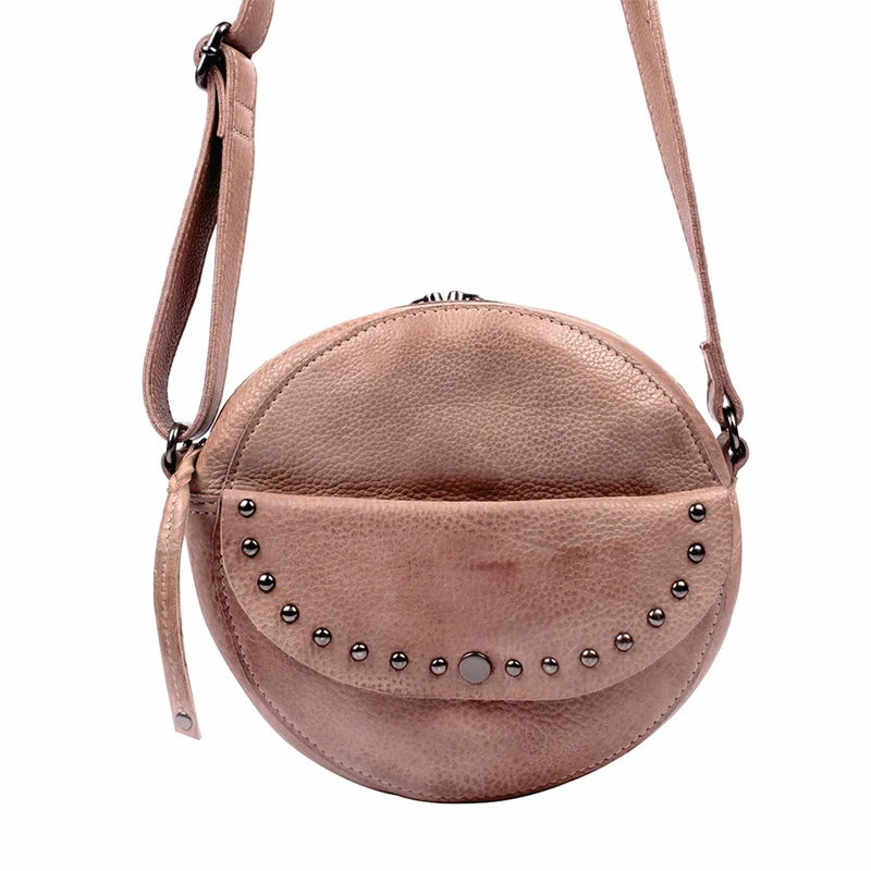 Close front view of Lady Conceal Mia crossbody purse in Blush showing studded flap
