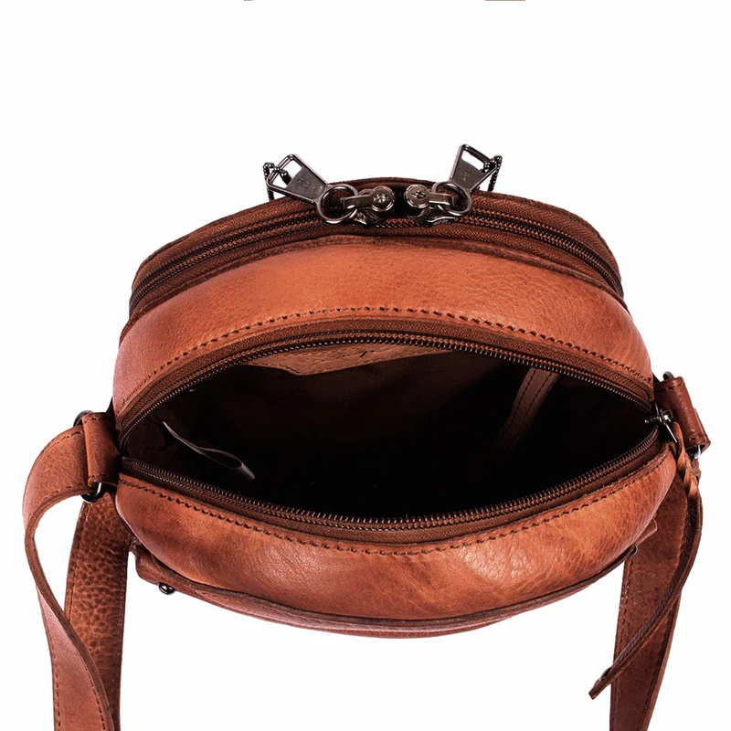 Interior of Lady Conceal Mia crossbody purse in Blush showing pockets and key strap