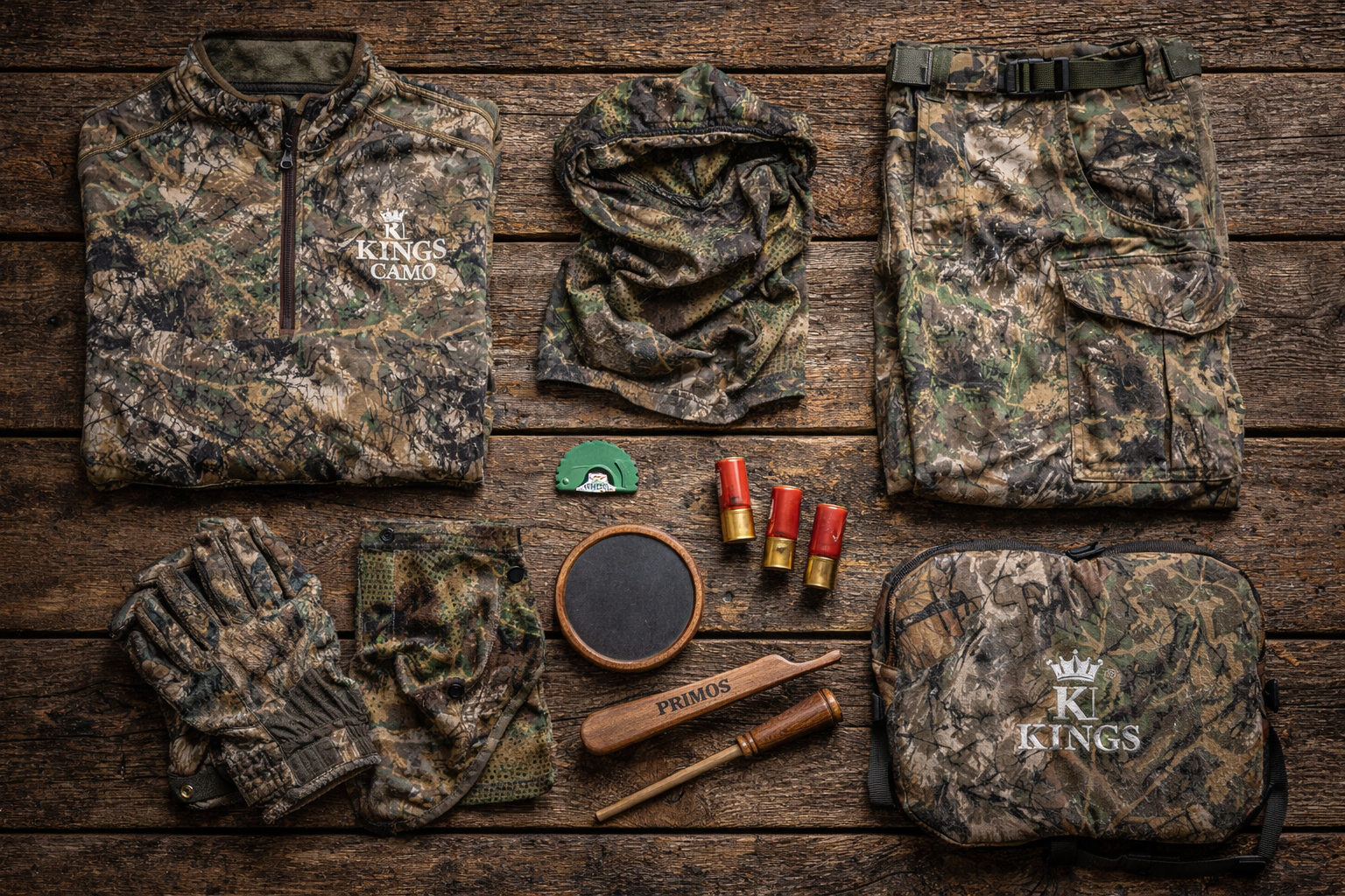 Spring turkey hunting clothing system flat lay with camo quarter zip, hunting pants, gloves, face cover, turkey calls, shells, and seat cushion