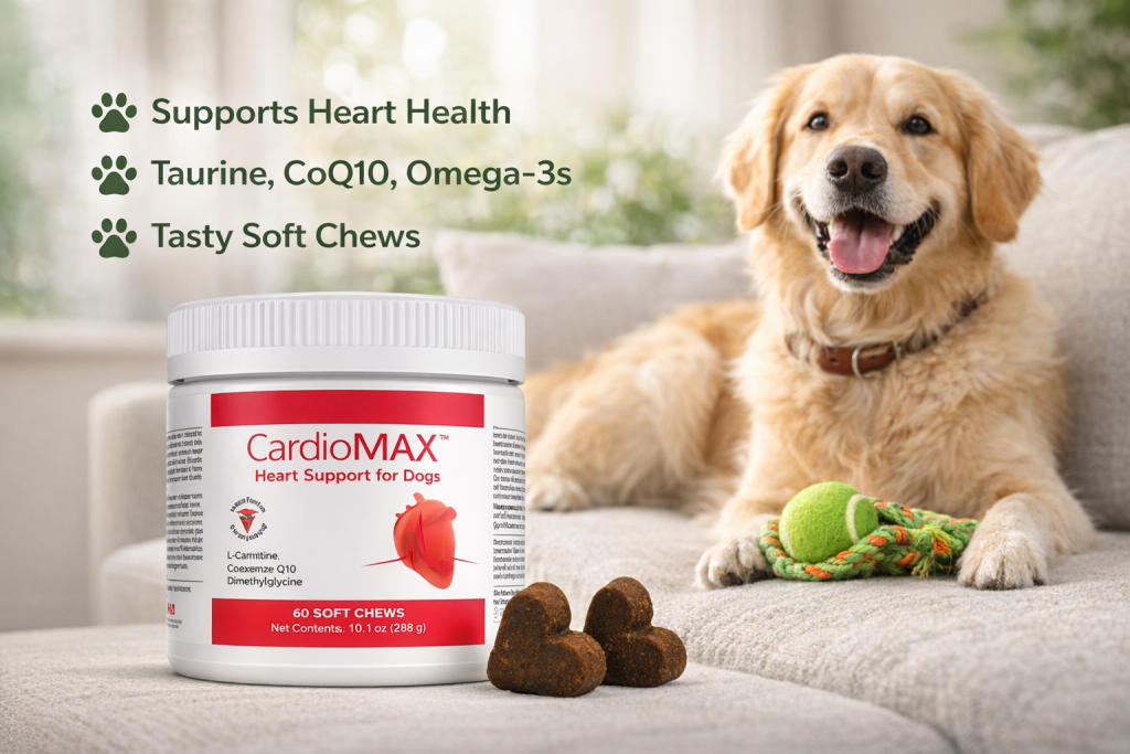 CardioMAX Heart Support for Dogs jar on a couch with a happy Golden Retriever and heart-shaped soft chews