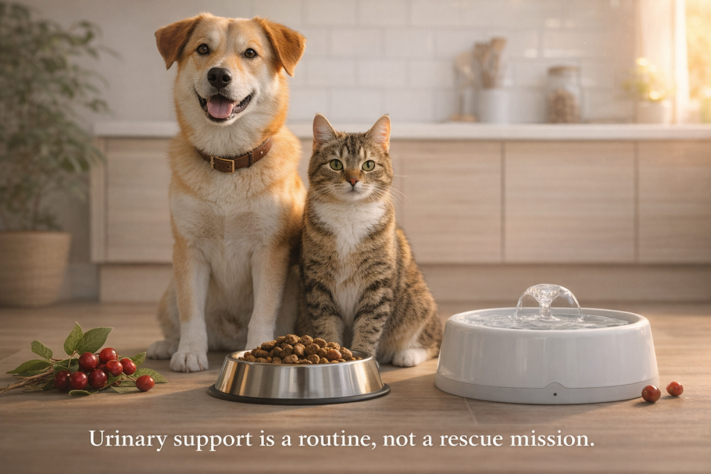 Cranberry D-mannose urinary tract support concept with dog and cat beside food bowl and water